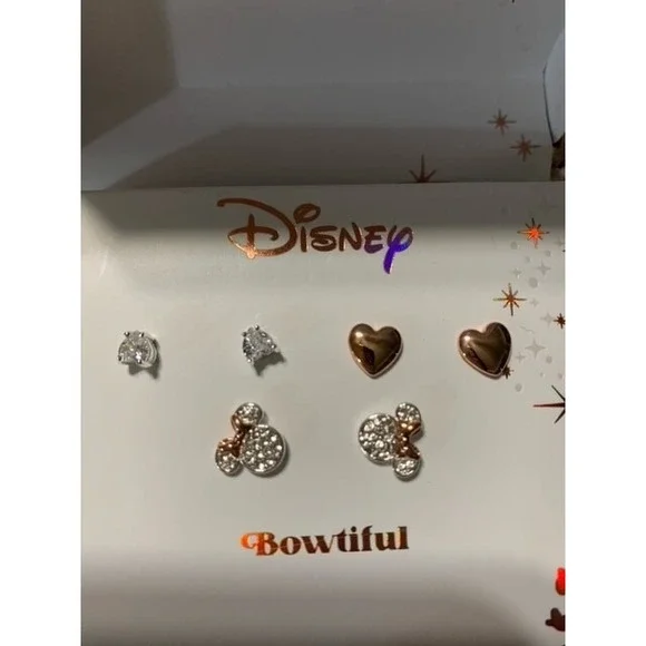 DISNEY Cubic Zirconia Minnie Mouse Earrings 3 Pair Fine Silver Plated Gift NIB - Picture 2 of 3